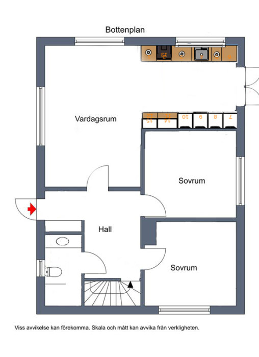 Planritning av bottenplan i ett hus med kök, vardagsrum och två sovrum, där en ombyggnation övervägs.