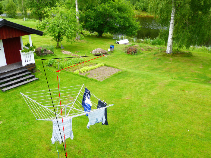 Trädgård med röda pilar markerande tänkt dräneringsrör nära grönsaksland och torkställning.