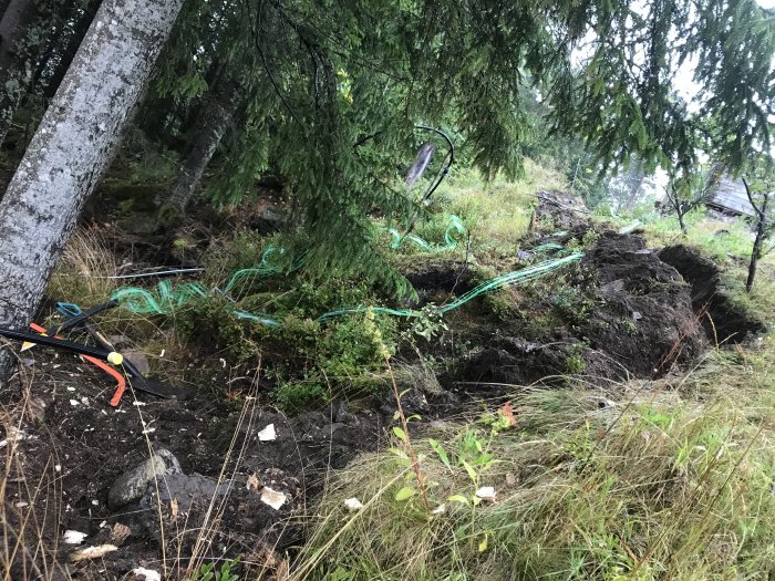 Grävd grävning i skogsmark för fiberinstallation med spadar och grönt märkningsband.