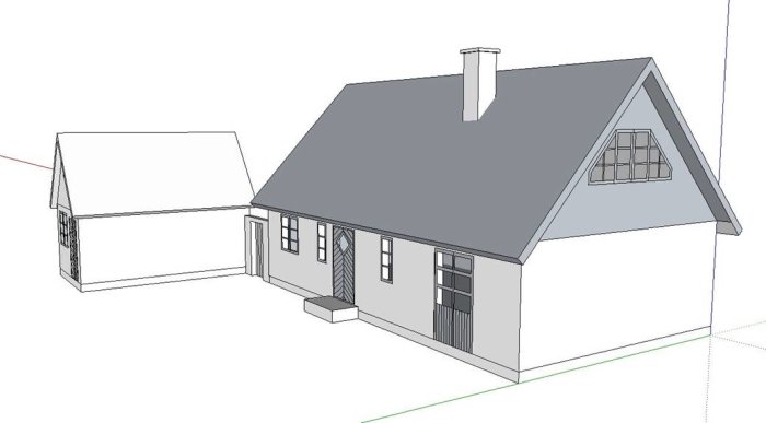 3D-modell av en vit sommarstuga med grått tak och planerat utrymme för glasparti i gaveln.