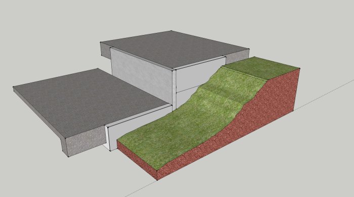 3D-rendering av trappsteg konstruerade med kantstöd och ALBA-balk, ej visande underliggande dränering.