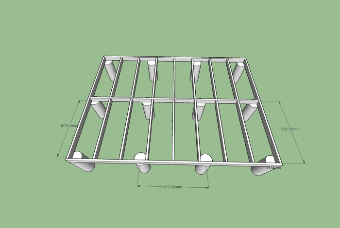 3D-modell av en byggstomme på plintar med dimensioner angivna.