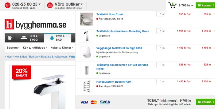 Skärmbild på en inköpslista från bygghemma.se med produkter för badrum.