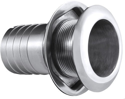 Metallisk bordgenomföring för sladdar och slangar med rund vit ram och gängad cylinder.