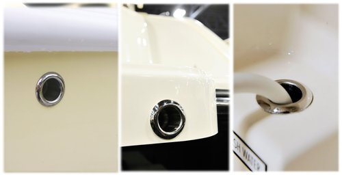 Kollage av tre bilder som visar installationen av en bordgenomföring i en vit yta för genomföring av slangar.