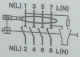 Schematisk bild av flerpolig brytare med märkning av anslutningar och klack för brytindikation.