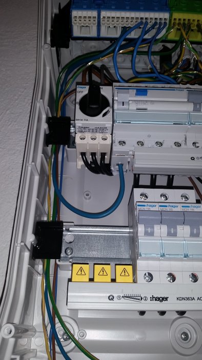 Normcentral med matande svart kabel, jord- och neutralledningar kopplade till jordskenan och jordfelsbrytaren.