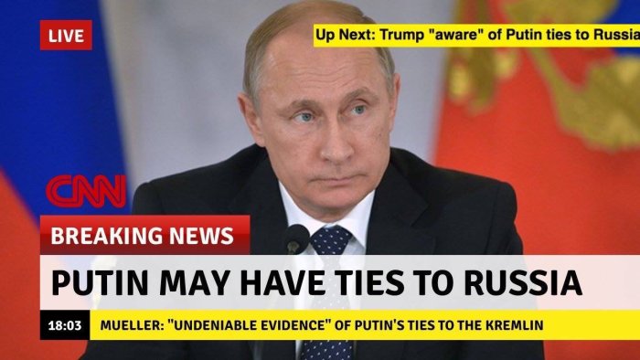 CNN nyhetsförstoring med texten "PUTIN MAY HAVE TIES TO RUSSIA" och en bild på Vladimir Putin.