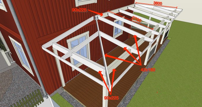 3D-ritning av en altankonstruktion med dimensioner för bärlinor och takreglar, intill ett rödfärgat hus.