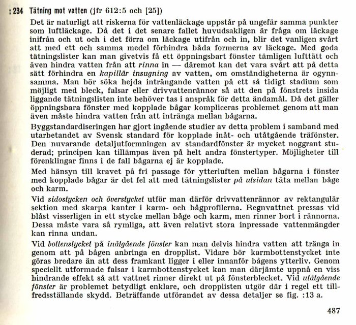 Sidan från en handbok med text om att förhindra vattenläckage vid fönster, inklusive ämnen som kapillär insugning och design av drivvattenrännor.