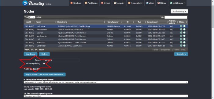 Skärmbild på Domoticz system inställningar med öppnat alternativ för att aktivera pollning på en Z-wave enhet.