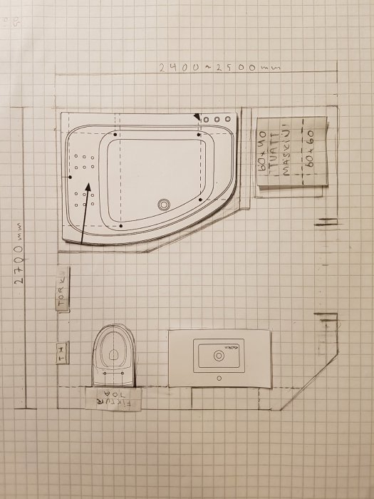 Ritning av ett badrumsplan med måttangivelser, inklusive hörnbadkar och termostatplacering.