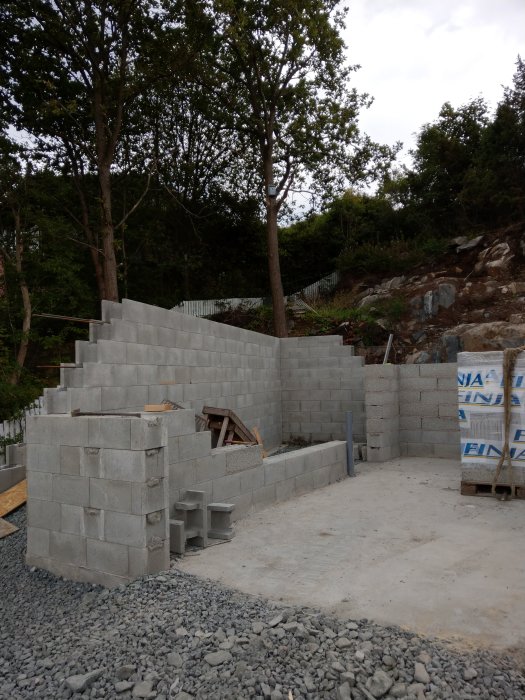 Pågående byggnation av grå leca-blockvägg på grusgrund med byggmaterial i förgrunden och träd i bakgrunden.