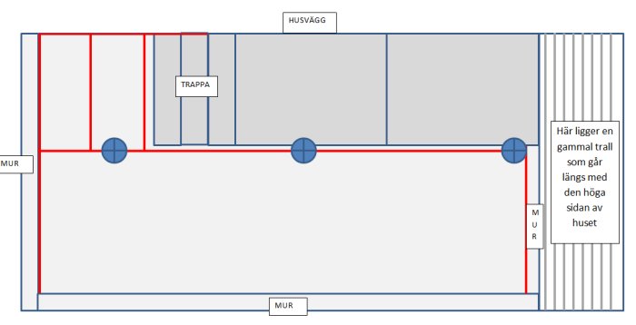 Schematisk bild av byggprojekt med reglar och plintar utmärkta intill en trappa och husvägg.