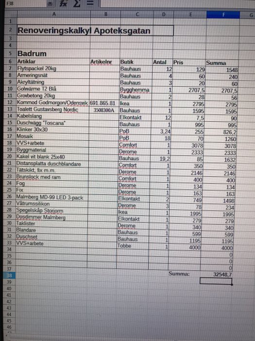 Excelark med detaljerad kostnadskalkyl för renovering av ett badrum, inklusive priser och butiker.