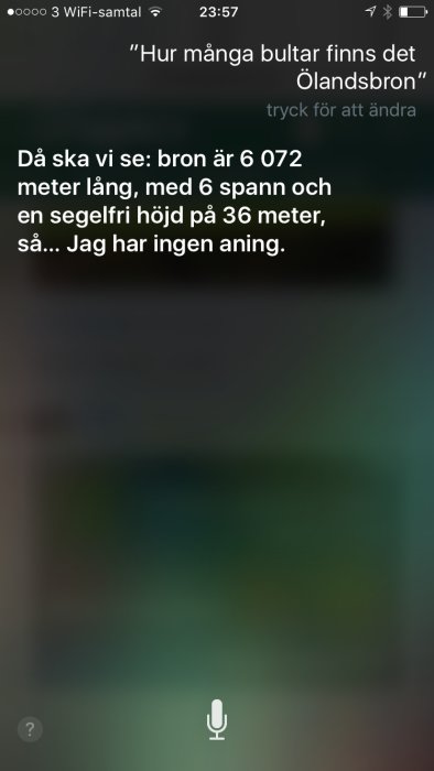 Skärmdump av en Siri-konversation där användaren frågar om antalet bultar på Ölandsbron.