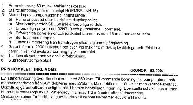 Offert för brunnsborrning med detaljerad kostnadsuppdelning för borrning, installation och extra tjänster för 63 000 kronor inklusive moms.