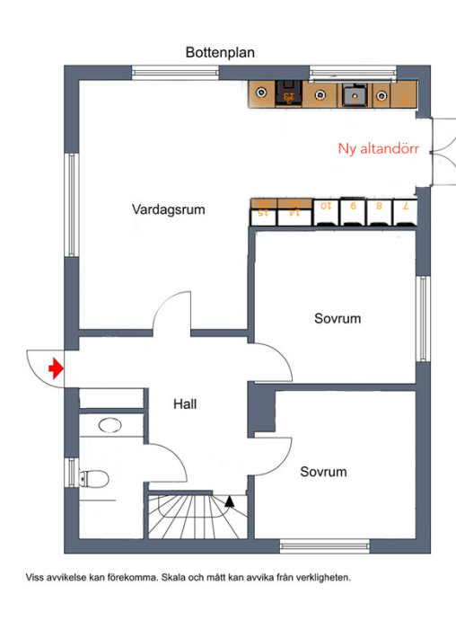 Skiss av bottenplan för ett hus med markerad ny altandörr på baksidan.