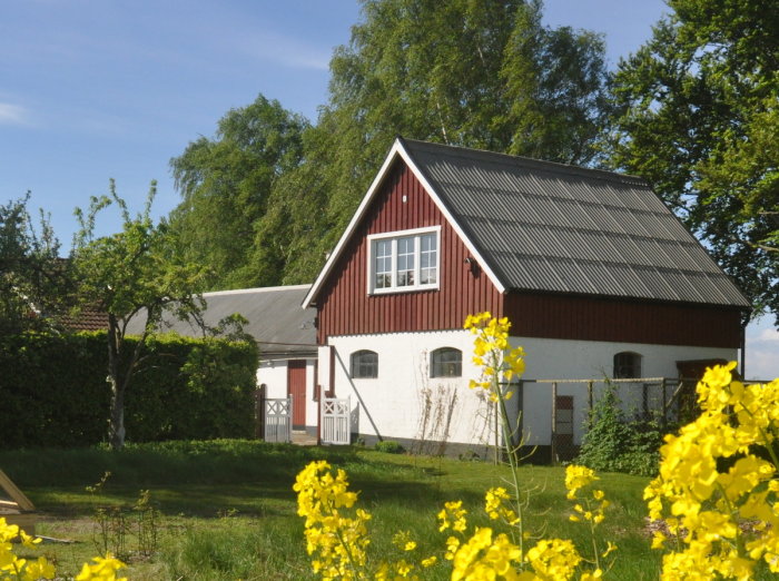 Renoverad tvåvåningsbyggnad med rött och vitt fasad, grönskande träd och blommande växter i förgrunden.