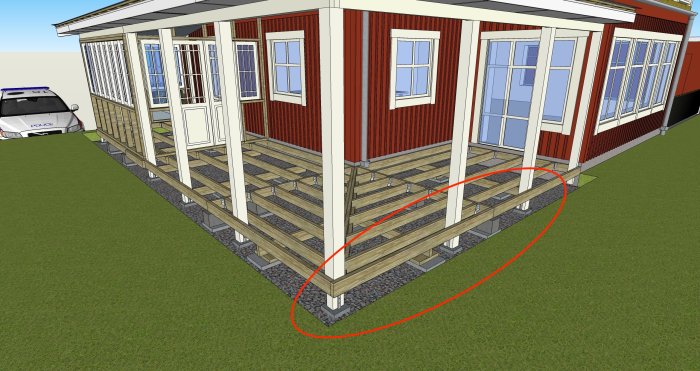 3D-ritning av hus och altan med reglar, lecablock och påpekat område för plintproblem.