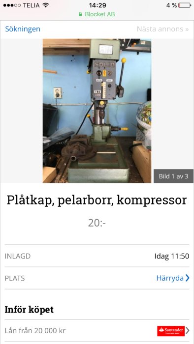 Begagnad pelarborr i verkstaden prissatt till 300 kronor, beskrivet som ett fynd i inlägget.