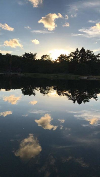 Solnedgång med spegelblank sjö och skogssiluett i S:t Anna Skärgård.