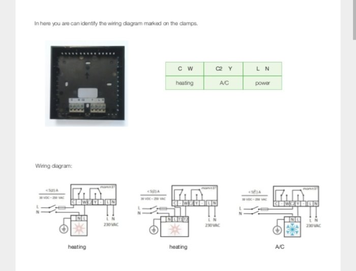 Momit smart termostatens baksida och kopplingsscheman för uppvärmning och AC.