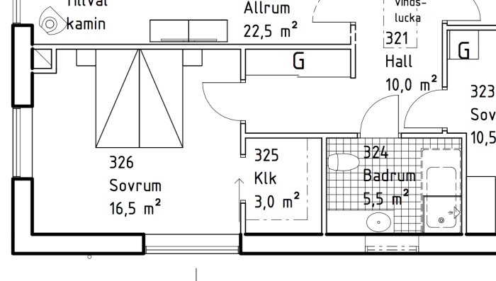 Ritning av en våningsplanslayout med markerade rum som sovrum, klädkammare och badrum.