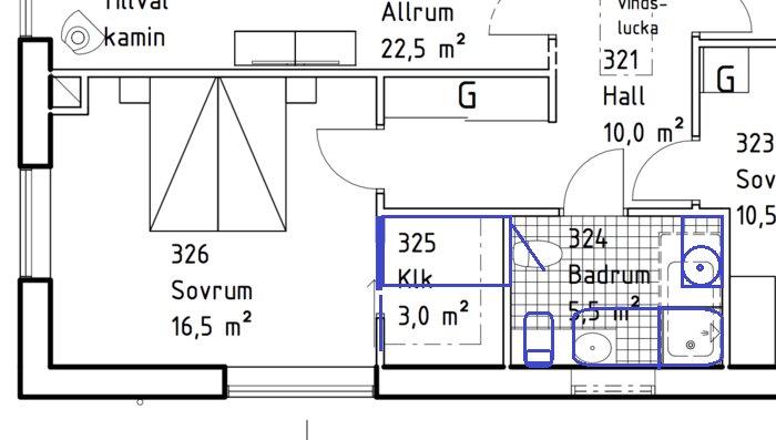 Ritning av en bostadsplan som visar en lägenhet med sovrum, badrum, allrum och ytmått angivna.