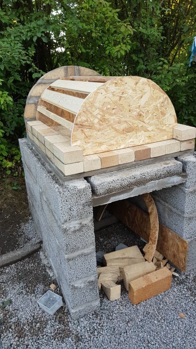 Halvfärdig vedeldad pizzaugn konstruerad av tegelsten och OSB-skivor på en grövre betongfundament.