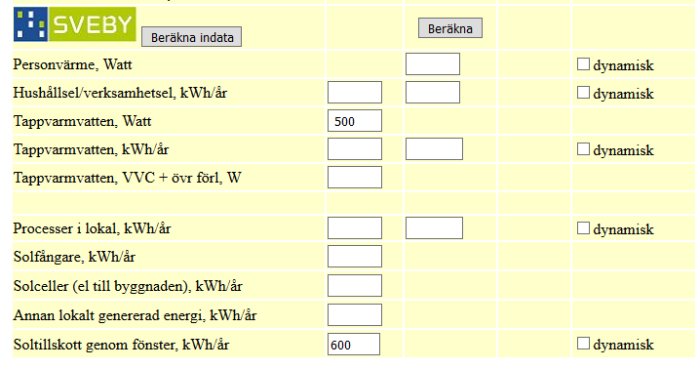 Skärmbild av energikalkylator från SVEBY med fält för inmatning av byggnadsenergidata såsom personvärme och solinstrålning.