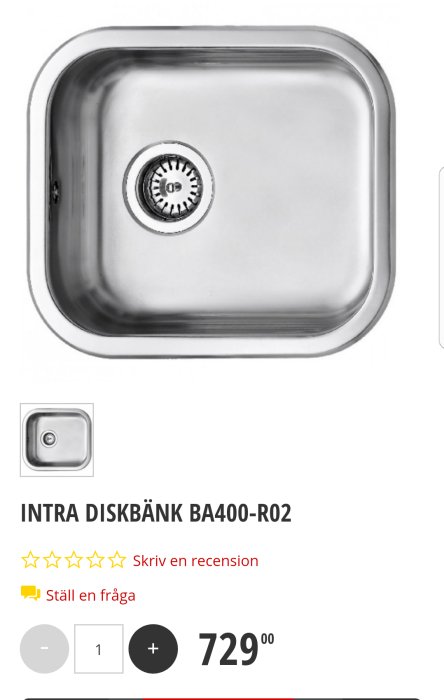 Rostfri ståldiskho för infällning, modell Intra BA400-R02, med dimensioner för utomhuskök.