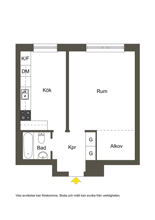 Ritning av en lägenhetsplanlösning med kök, badrum, och rum, samt användarens notering om en potentiell ny väggdelning.