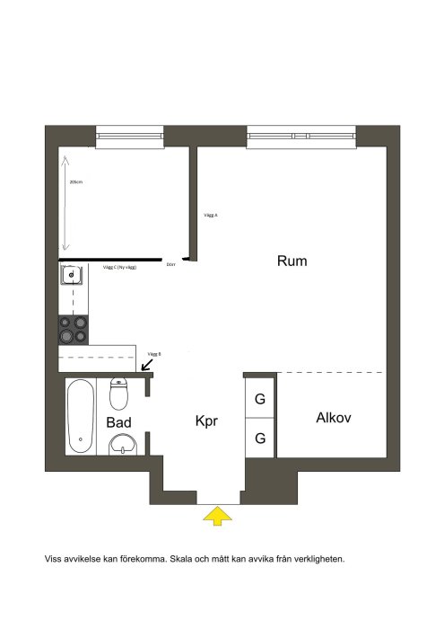 Planritning av en lägenhet med indikationer för renoveringsprojekt, inklusive en ny vägg och positioner för rör.