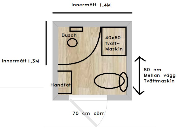 Ritning av ett litet badrum med toalett, handfat, dusch och tvättmaskin placerade enligt planlösning.