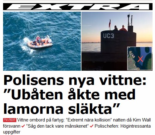 Skärmdump från Aftonbladet med felstavning, "Ubåten åkte med lamorna släkta" står i rubriken.