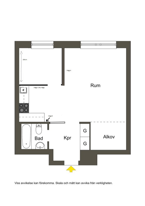 Ritning av en lägenhetsplan med icke-bärande väggar markerade för renovering, inklusive kapprum och vardagsrum.