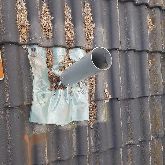 Slitet tak med frånluftsrör och plastisolering som är dåligt fastsatt.