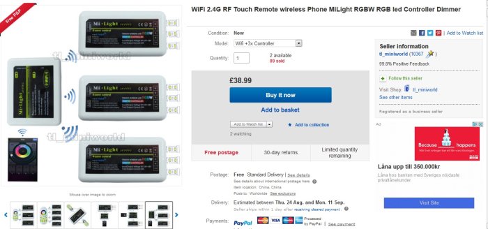 Skärmbild av en online produktannons för Mi-Light WiFi-mottagare och RF-styrenheter för LED-belysningsprojekt.