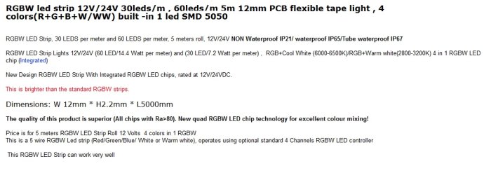 Produktbeskrivning för RGBW LED-strip med specifikationer för 30 LEDs per meter på 5 meter flexibel tejp.