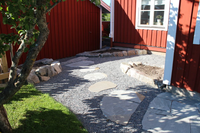 Nylagd stig med sandstensplattor och granitkant mot tomtrabatter vid röd trähusentré.