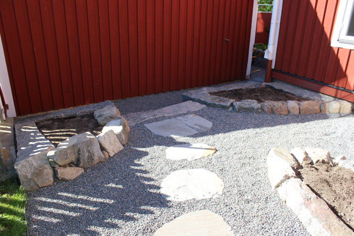 Nyrenoverad tomt med grusgång, stora sandstensplattor, återanvända granitstolpar och tomma rabatter vid en röd stuga.