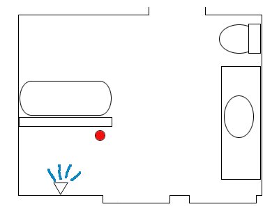 Ritning av ett badrum med badkar, toalett, föreslagen plats för golvbrunn och utrymme för dusch med glasblocksvägg.