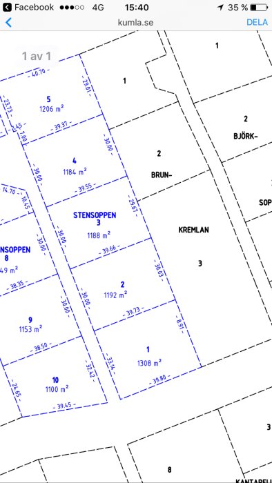 Tomtkarta för Stensoppen 1 med måttangivelser och angränsande tomter.