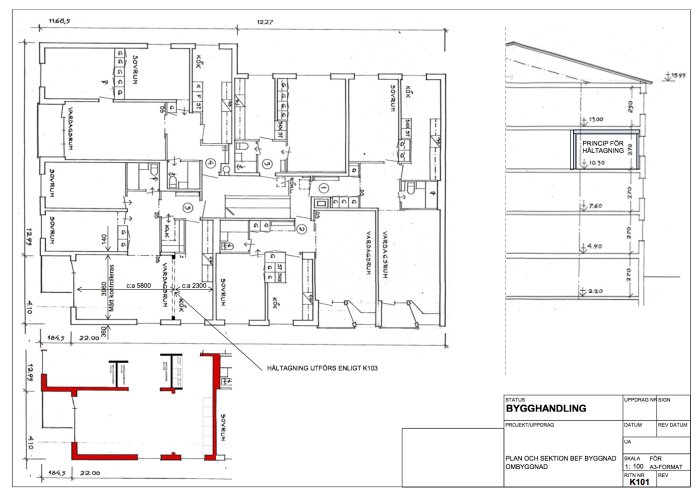 Ritning med planlösning och sektionsritning för avväxling av bärande vägg i bostadsrätt.