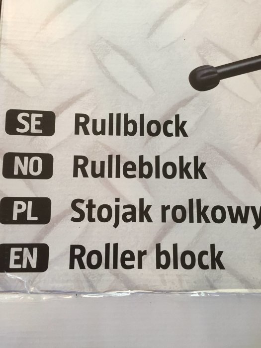 Etikett på en förpackning med benämningen 'rullblock' på flera språk inklusive svenska.