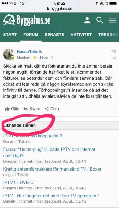 Skärmdump av ett diskussionsforum som visar funktionen "liknande ämnen" markerad med rosa.