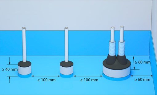 Illustration av olika skyddsrör för vattenledning med värmekabel, dimensioner angivna.