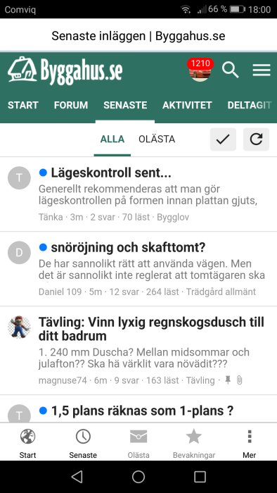 Skärmdump av forumet Byggahus.se som visar olika diskussionstrådar och menyval.