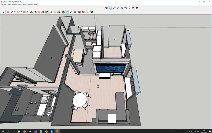 3D-ritning av ett hem med duk för projektor som blockerar vägen till rum.